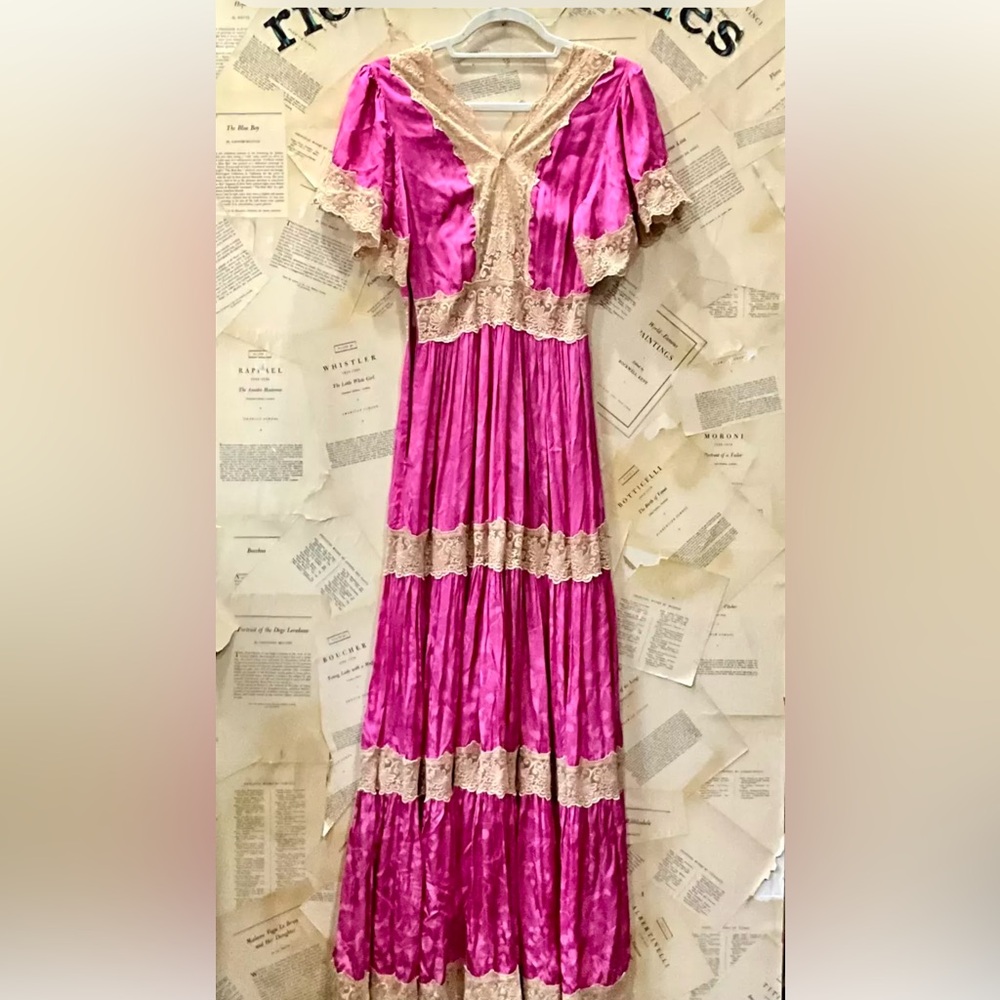 Free People Spell Ocean Gown Maxi Silky Hibiscus Pink Ivory Lace Tiered - Picture 7 of 7